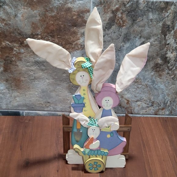Easter Decor Wooden Three Bunny Rabbts Cloth Ears - Picture 13 of 13